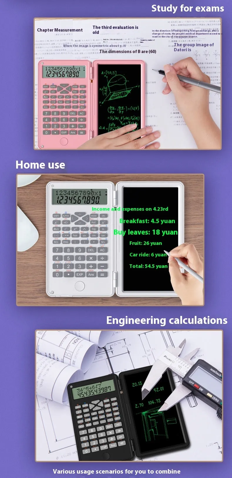 Plastic scientific calculator with handwriting board in black colour, measuring 162 x 82.2 x 18.3mm