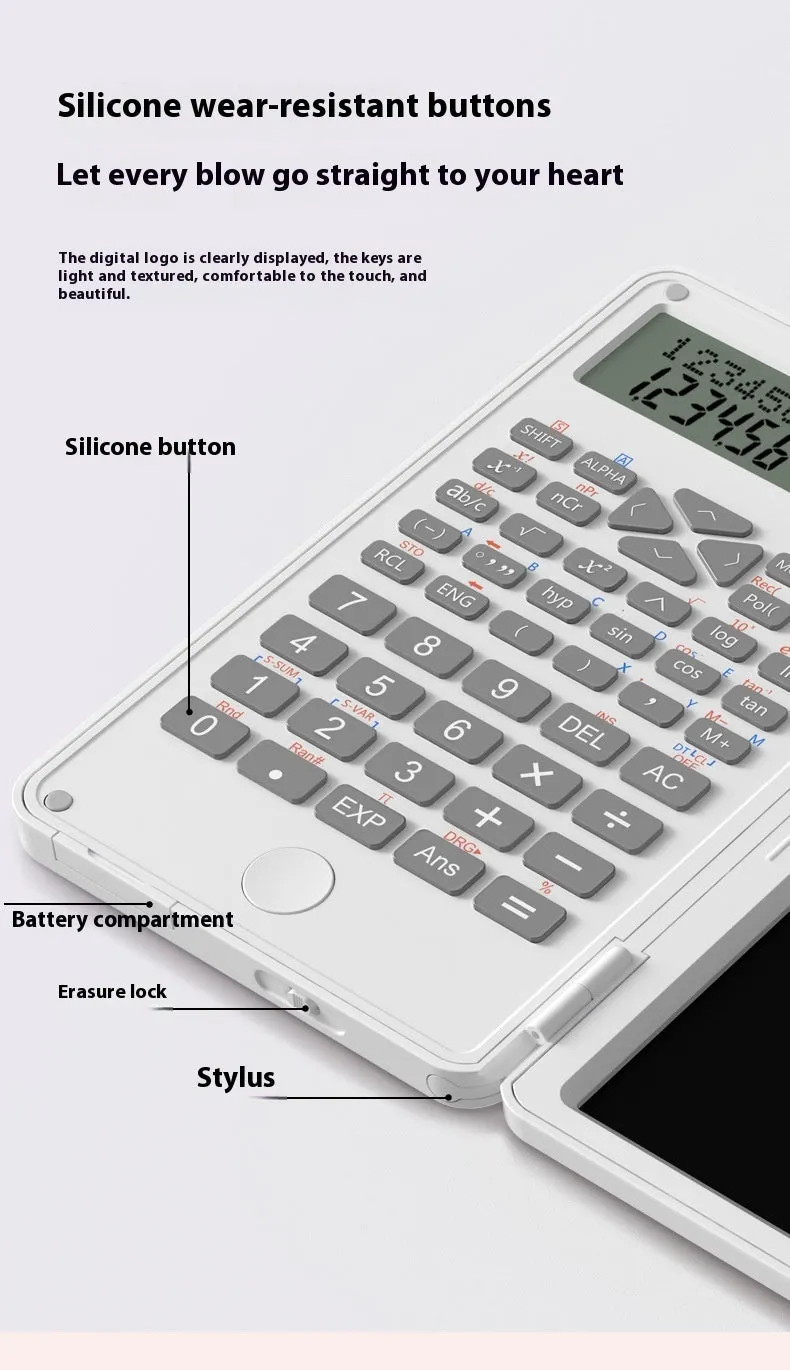 Plastic scientific calculator with handwriting board in black colour, measuring 162 x 82.2 x 18.3mm