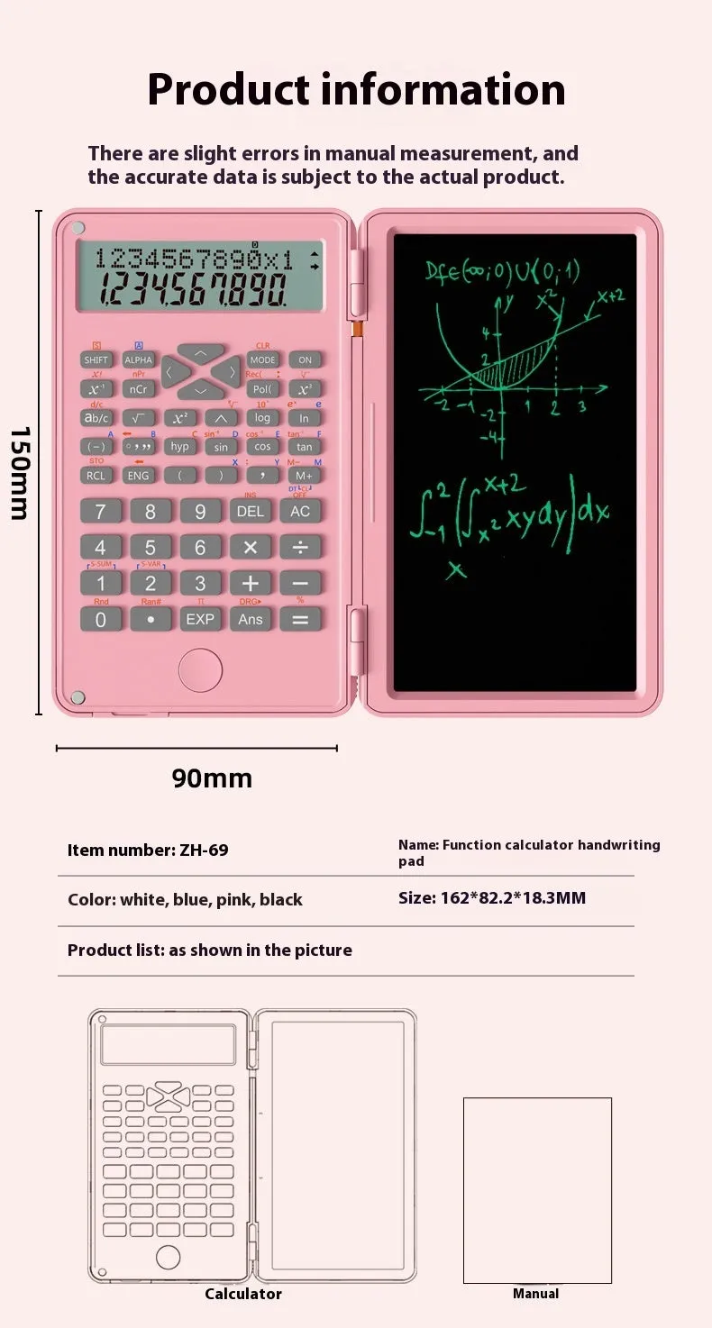 Plastic scientific calculator with handwriting board in black colour, measuring 162 x 82.2 x 18.3mm