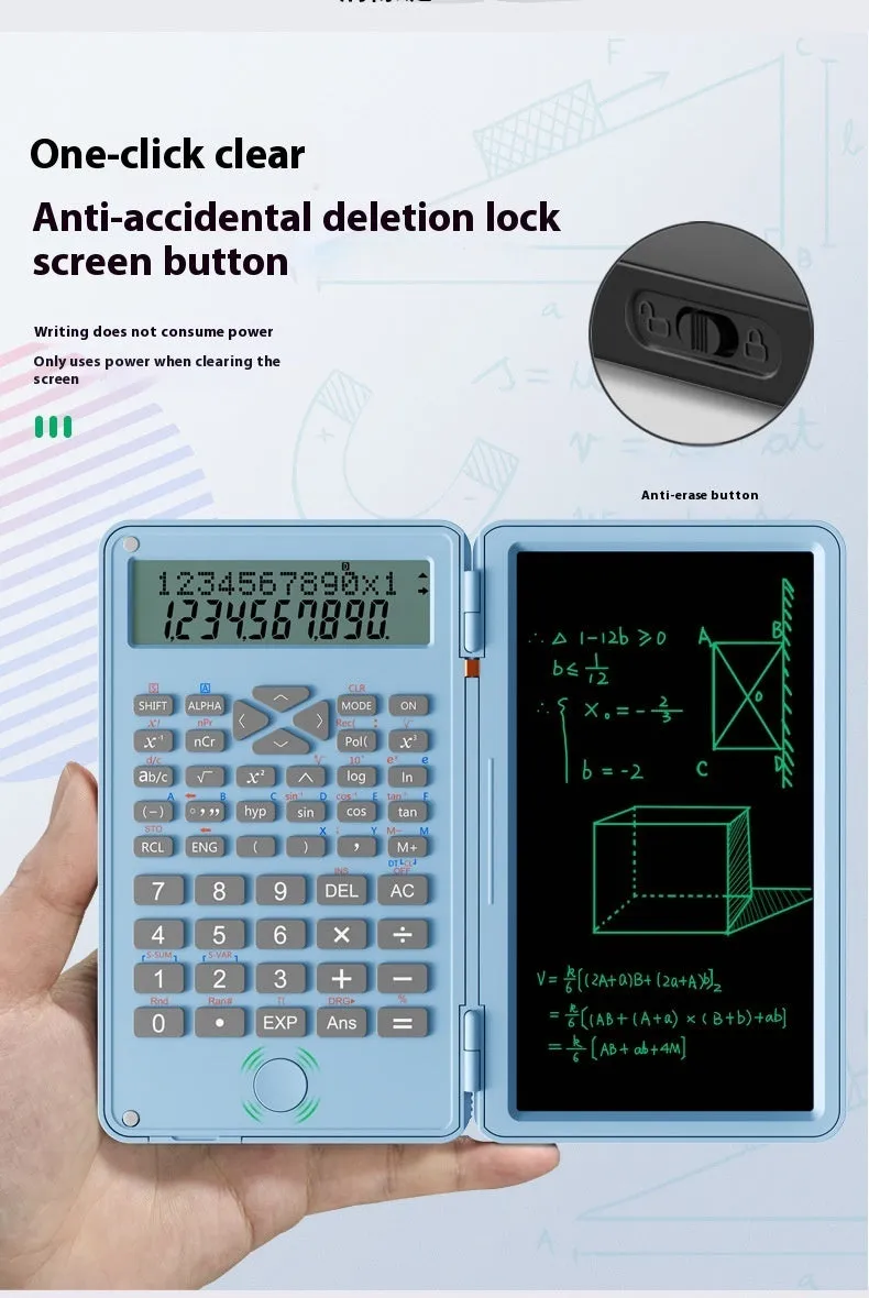 Plastic scientific calculator with handwriting board in black colour, measuring 162 x 82.2 x 18.3mm