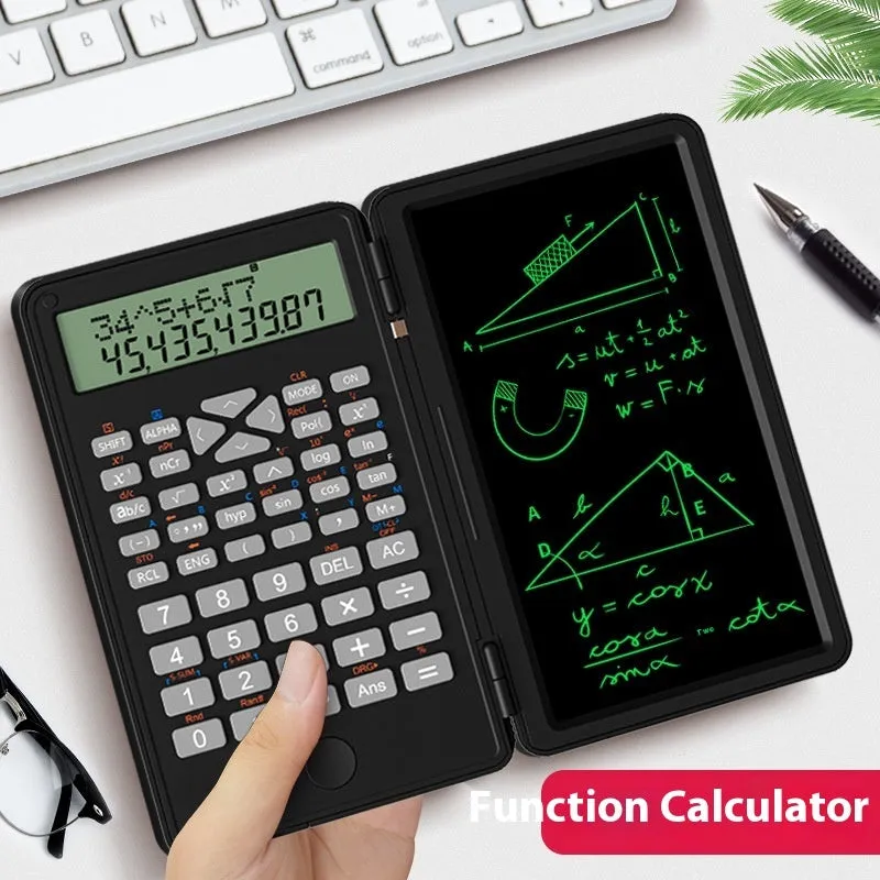 Plastic scientific calculator with handwriting board in black colour, measuring 162 x 82.2 x 18.3mm