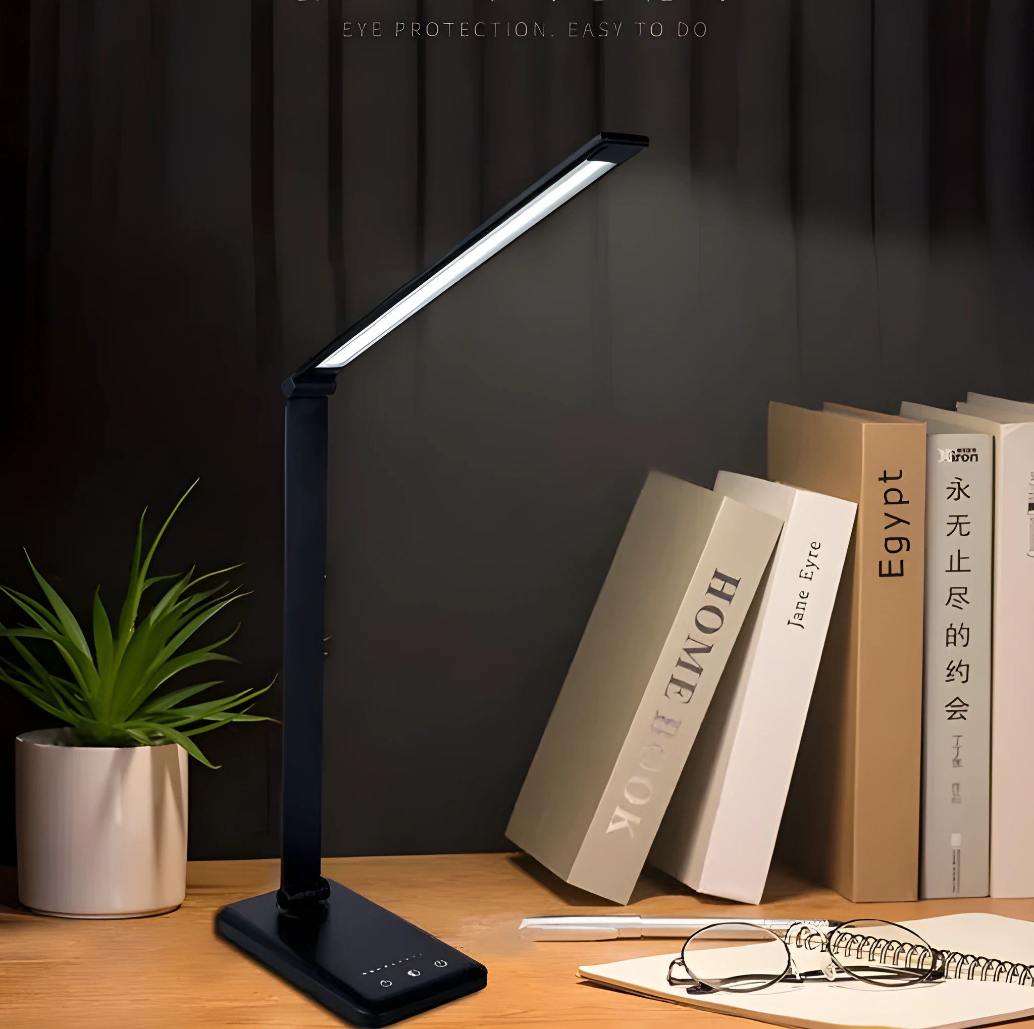 Wireless charging LED desk lamp with rotating head and USB port, Black colour