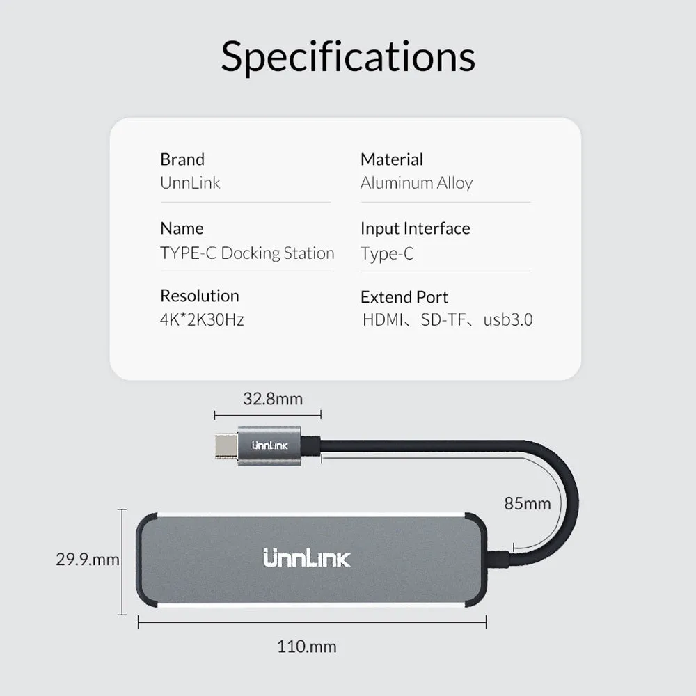 Aluminium alloy type-C docking station with HDMI, SD/TF, and USB 3.0 ports in silver colour