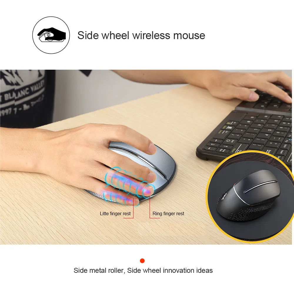 T32 Black and Silver Grey wireless vertical ergonomic computer mouse with aluminium side roller.