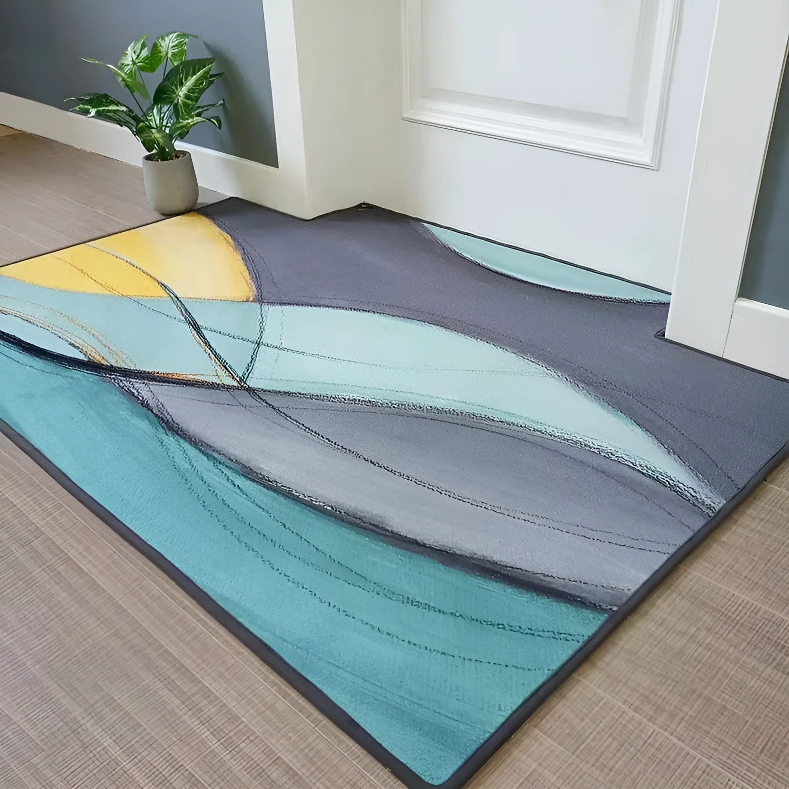 Modern minimalist rectangular floor mat in wave pattern on a tiled entrance floor