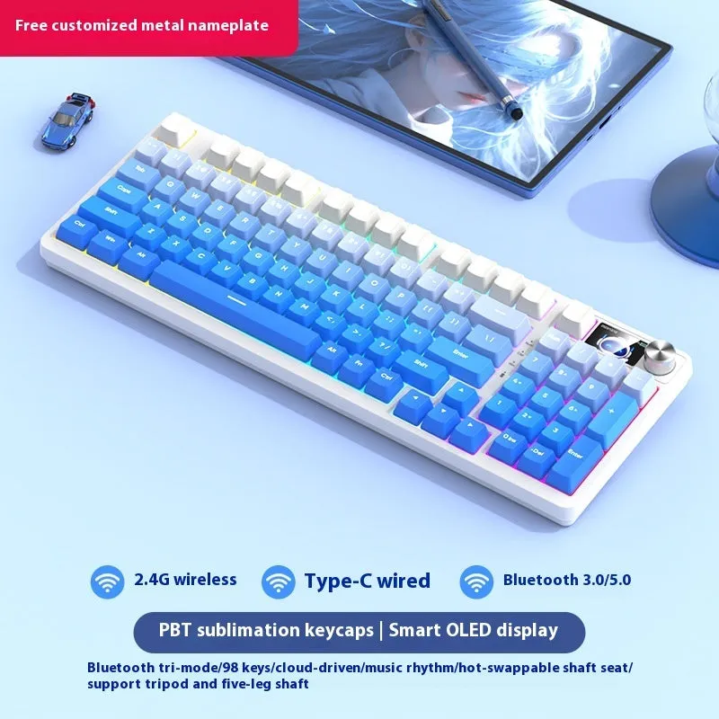 98 key wireless Bluetooth mechanical keyboard kit with optional display screen and metal knob