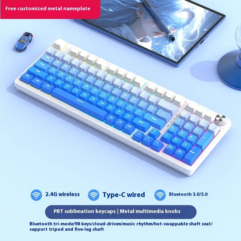 98 key wireless Bluetooth mechanical keyboard kit with optional display screen and metal knob
