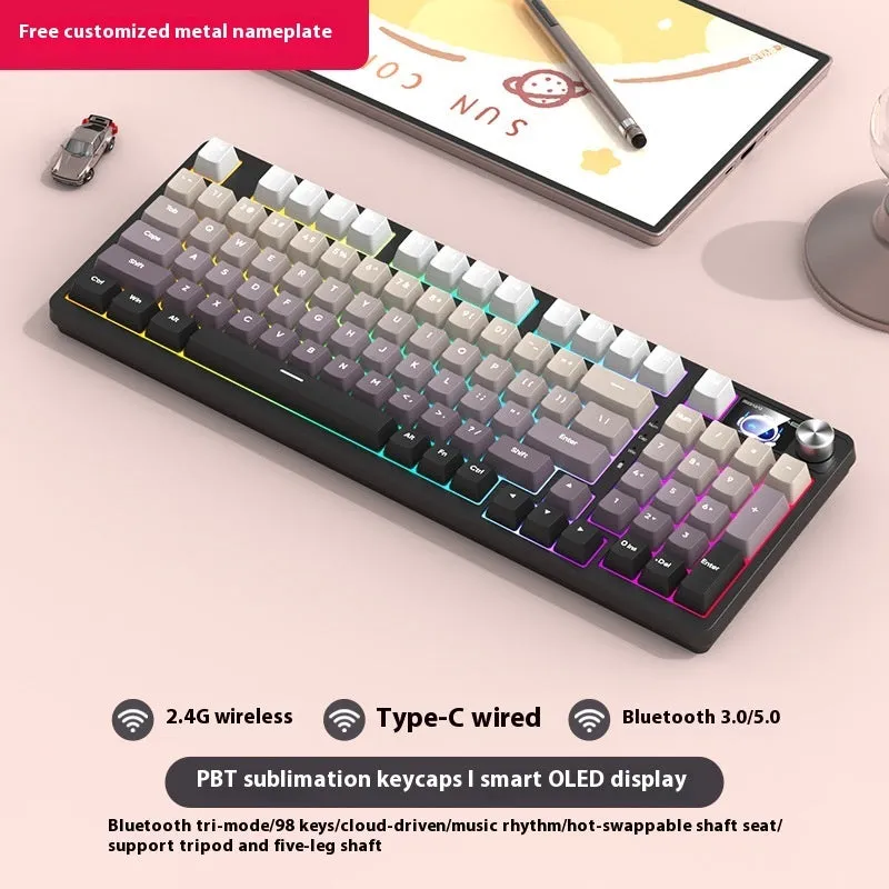 98 key wireless Bluetooth mechanical keyboard kit with optional display screen and metal knob