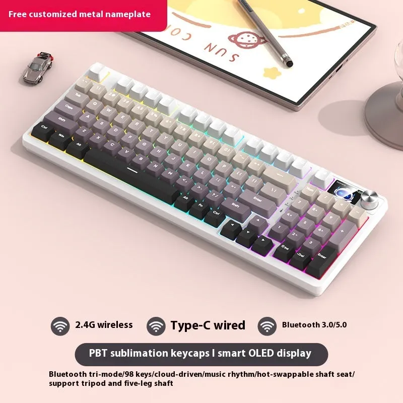 98 key wireless Bluetooth mechanical keyboard kit with optional display screen and metal knob