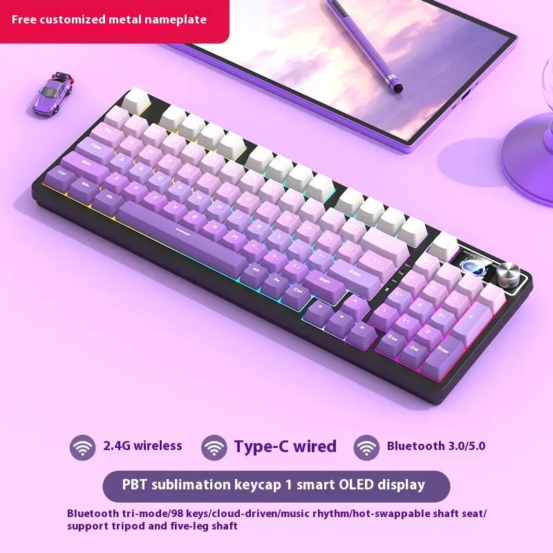 98 key wireless Bluetooth mechanical keyboard kit with optional display screen and metal knob