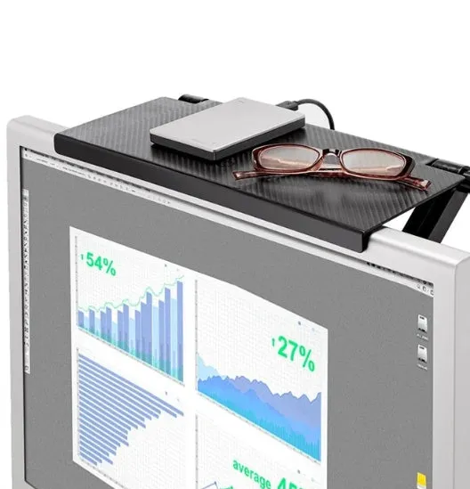 Adjustable black screen top shelf compatible with Apple TV and Roku, 13-inch size, on a computer monitor