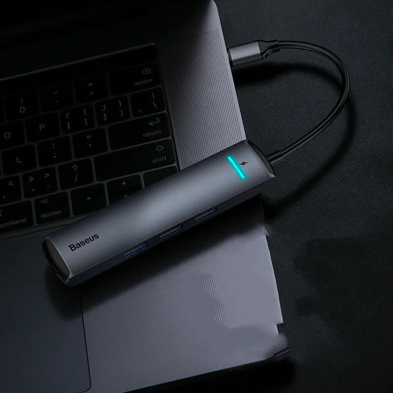 Dark grey Type-C docking station hub compatible with Apple MacBook and iPhone models with 5Gbps transfer rate