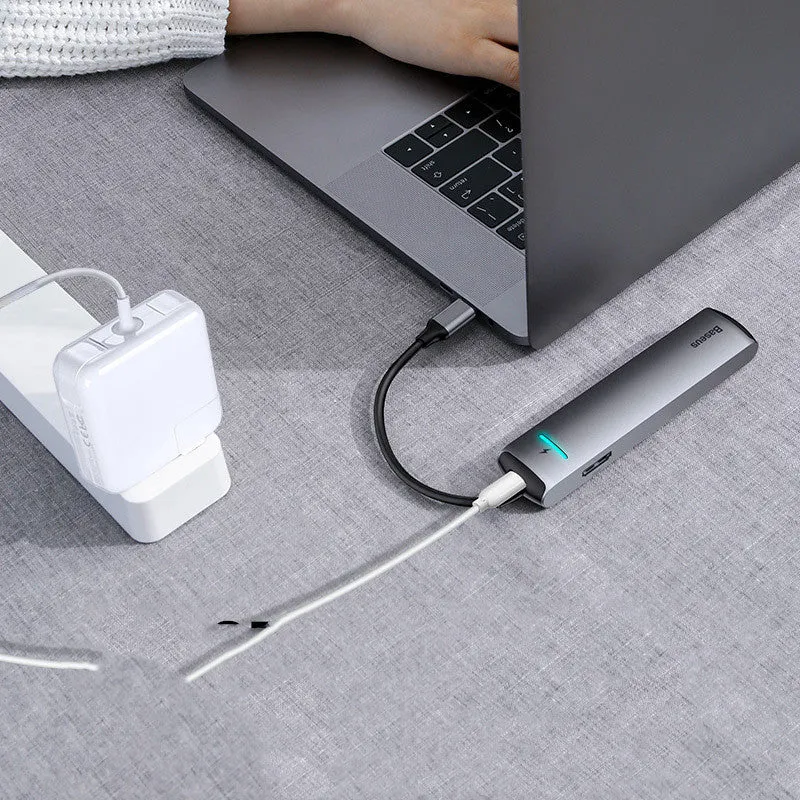 Dark grey Type-C docking station hub compatible with Apple MacBook and iPhone models with 5Gbps transfer rate