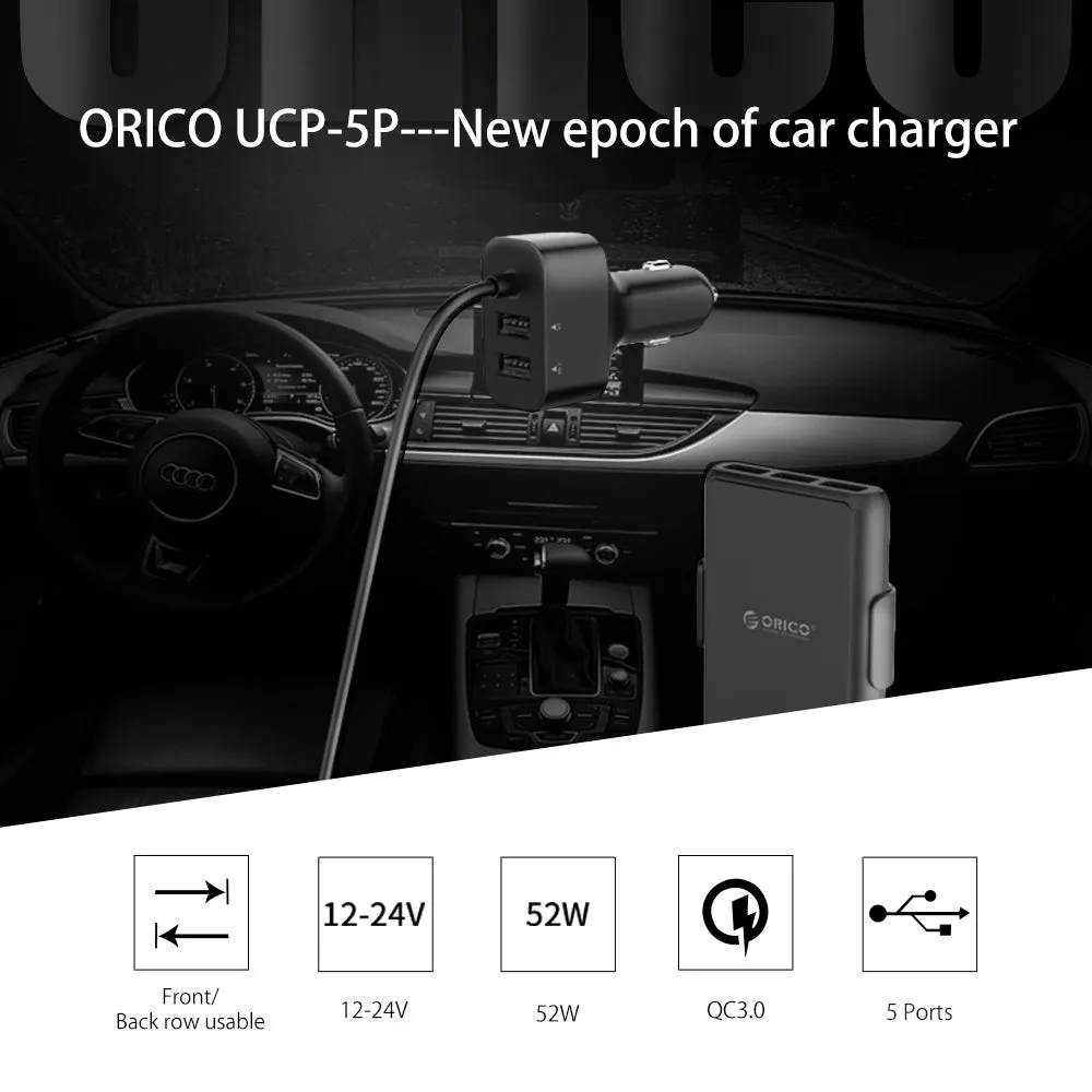 ORICO 5 port 52W QC3.0 car charger with fireproof PC ABS housing black