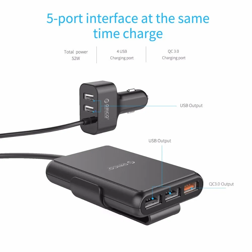 ORICO 5 port 52W QC3.0 car charger with fireproof PC ABS housing black