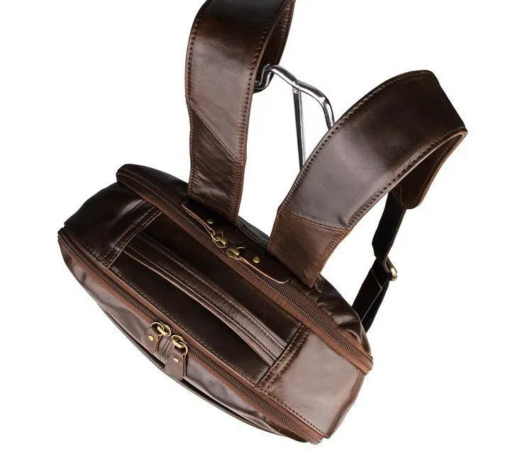 Top layer leather computer backpack in brown, 29cm by 11.5cm by 38cm, fits 15 inch laptop