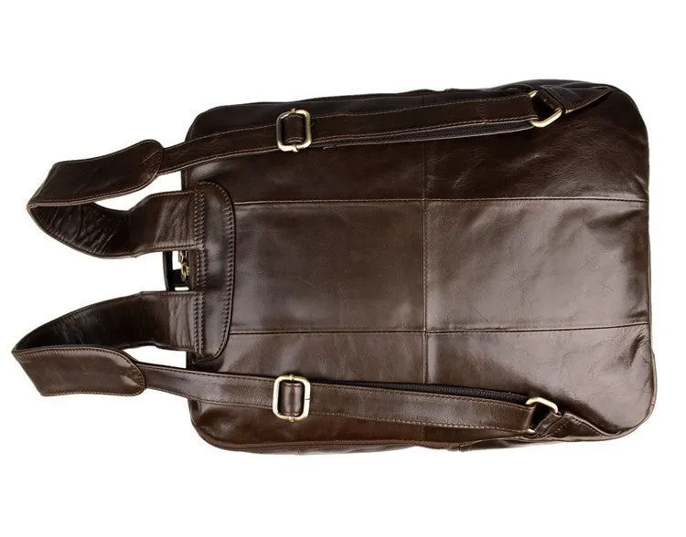Top layer leather computer backpack in brown, 29cm by 11.5cm by 38cm, fits 15 inch laptop