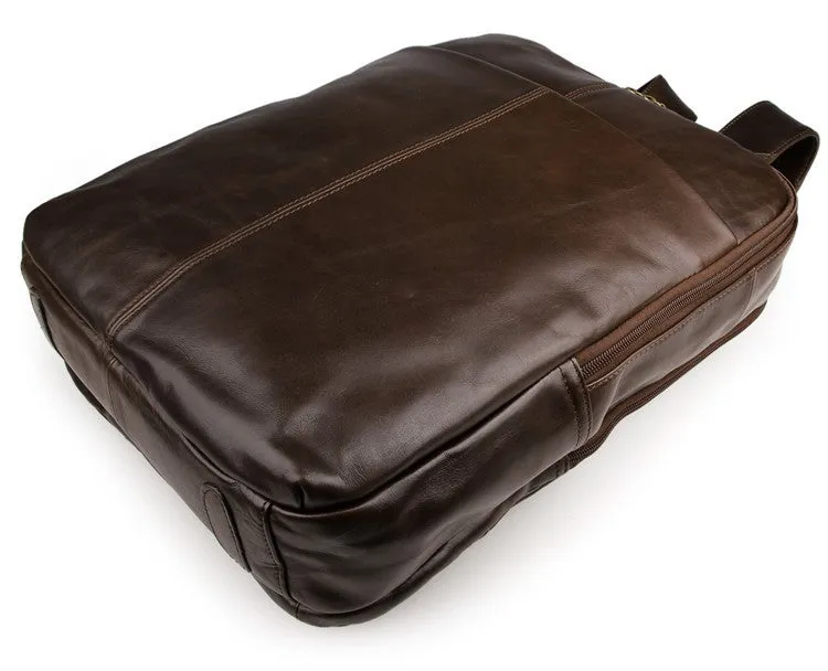 Top layer leather computer backpack in brown, 29cm by 11.5cm by 38cm, fits 15 inch laptop