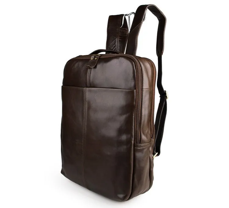 Top layer leather computer backpack in brown, 29cm by 11.5cm by 38cm, fits 15 inch laptop