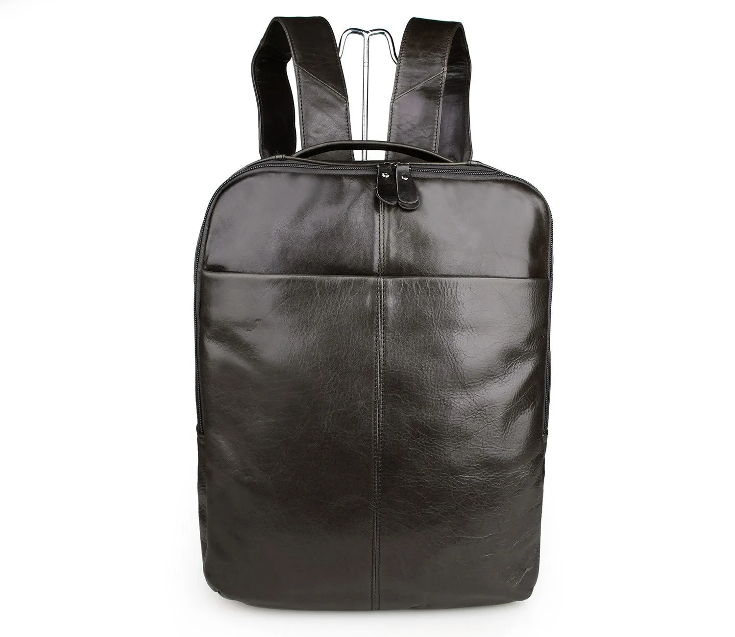 Top layer leather computer backpack in brown, 29cm by 11.5cm by 38cm, fits 15 inch laptop