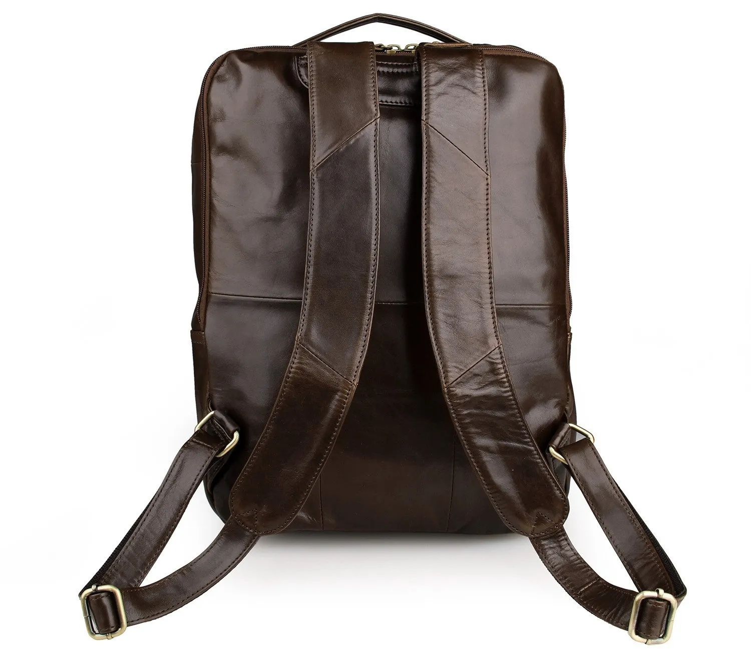 Top layer leather computer backpack in brown, 29cm by 11.5cm by 38cm, fits 15 inch laptop