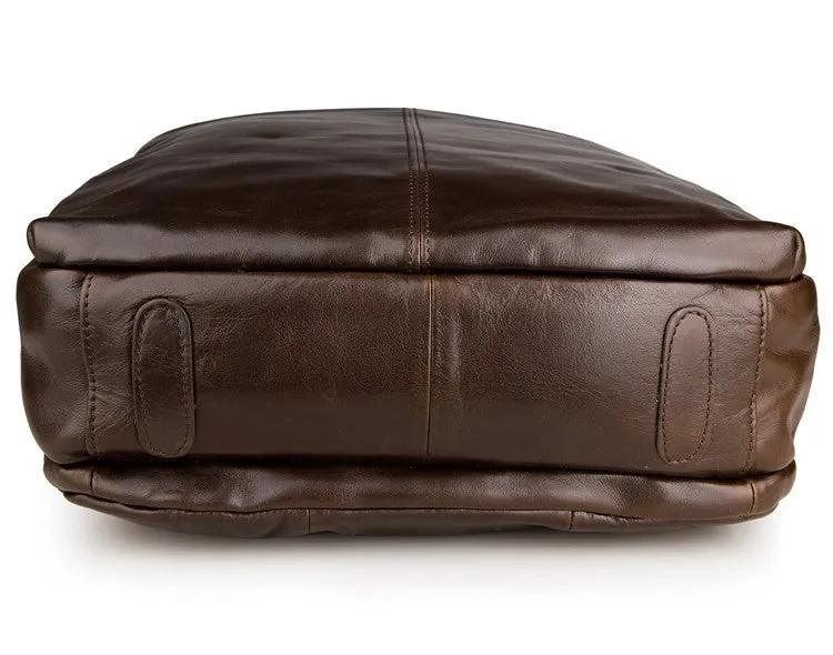Top layer leather computer backpack in brown, 29cm by 11.5cm by 38cm, fits 15 inch laptop