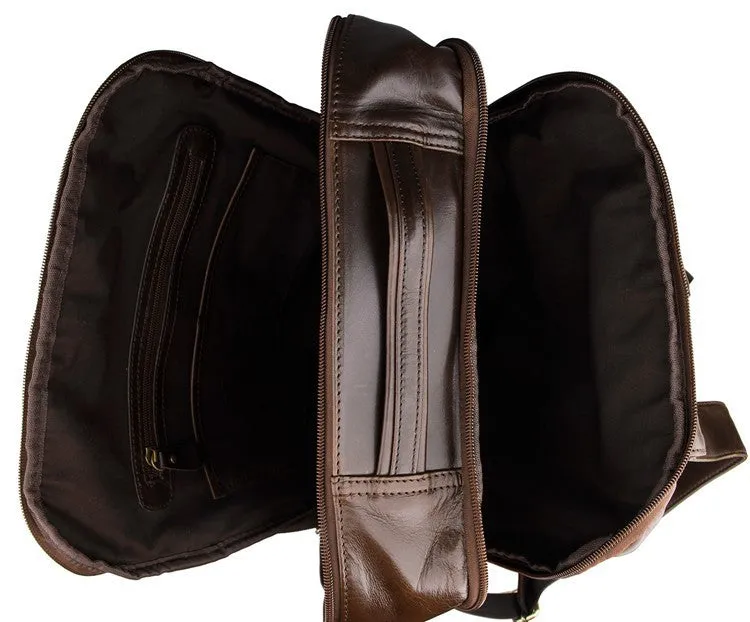 Top layer leather computer backpack in brown, 29cm by 11.5cm by 38cm, fits 15 inch laptop