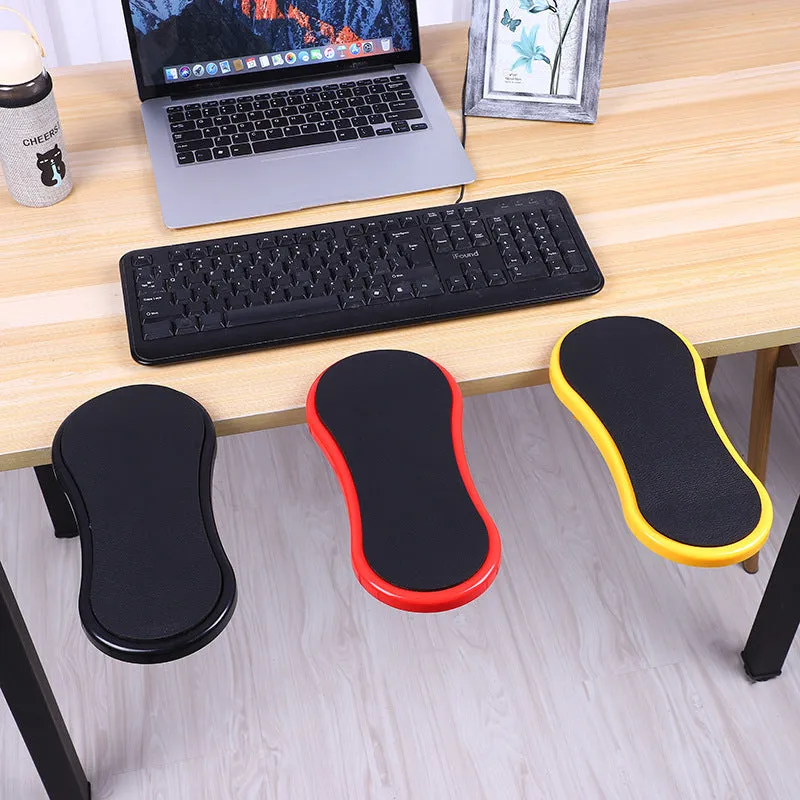 Ergonomic computer hand bracket mouse wrist pad in black leather finish with non-slip rubber base on a desk