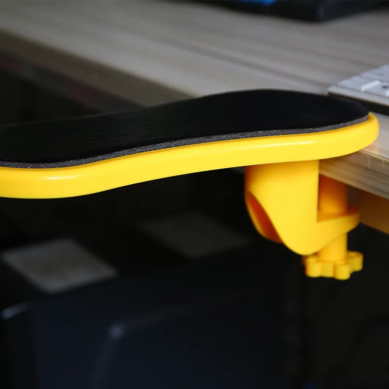 Ergonomic computer hand bracket mouse wrist pad in black leather finish with non-slip rubber base on a desk