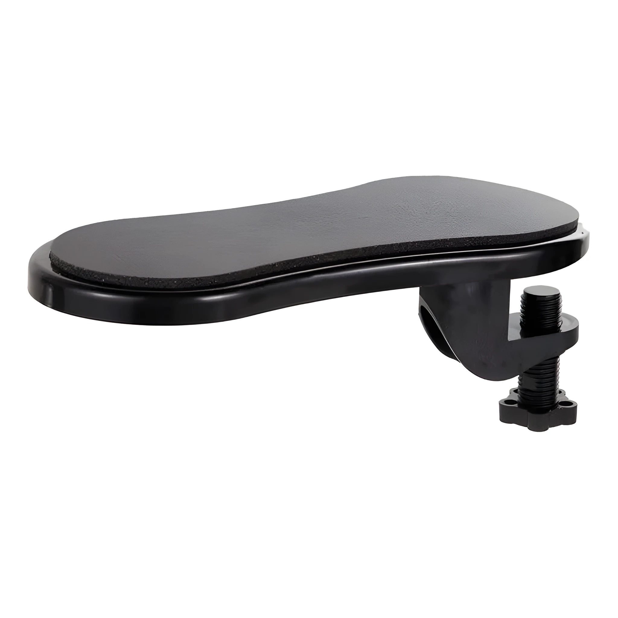 Ergonomic computer hand bracket mouse wrist pad in black leather finish with non-slip rubber base on a desk