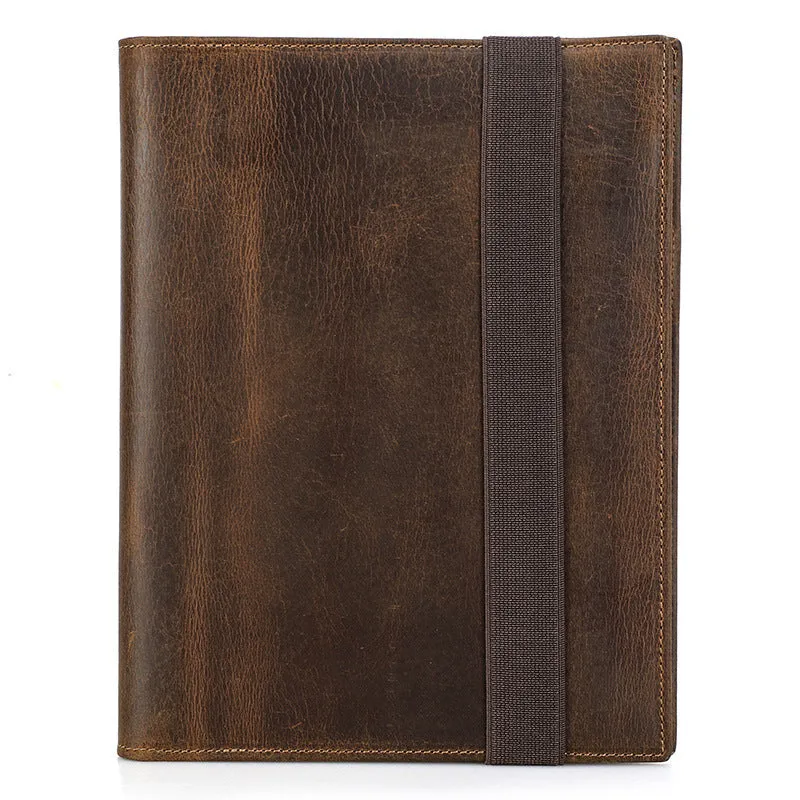 Brown crazy horse leather A5 notebook protective sleeve with square shape and socket closure