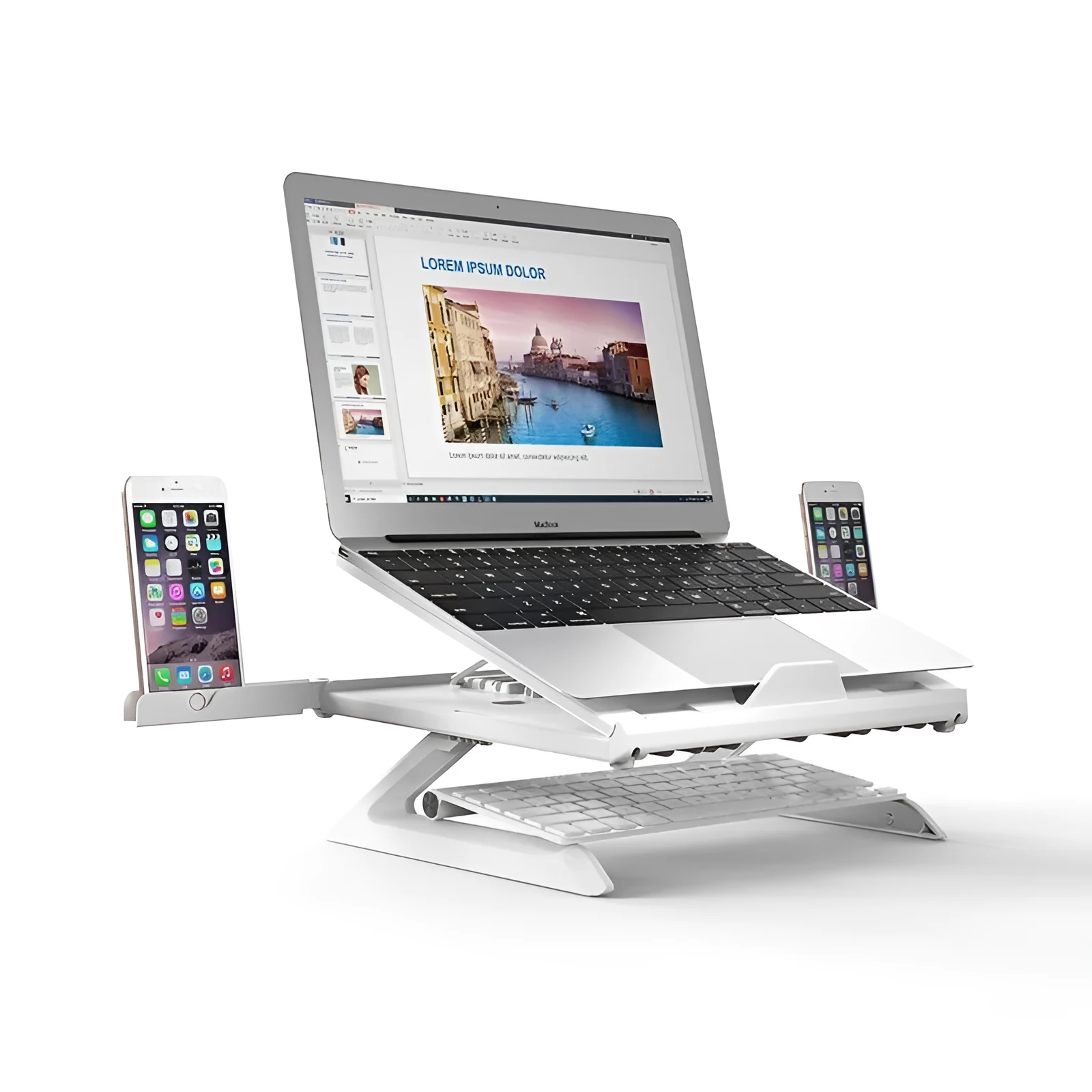 Folding laptop stand in black with 9 adjustable angles, hollow panel, and cooling knob
