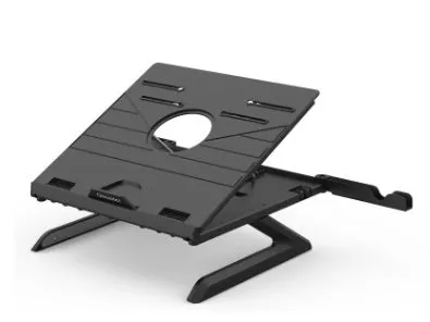 Folding laptop stand in black with 9 adjustable angles, hollow panel, and cooling knob