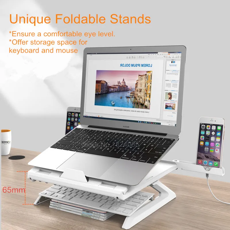 Folding laptop stand in black with 9 adjustable angles, hollow panel, and cooling knob