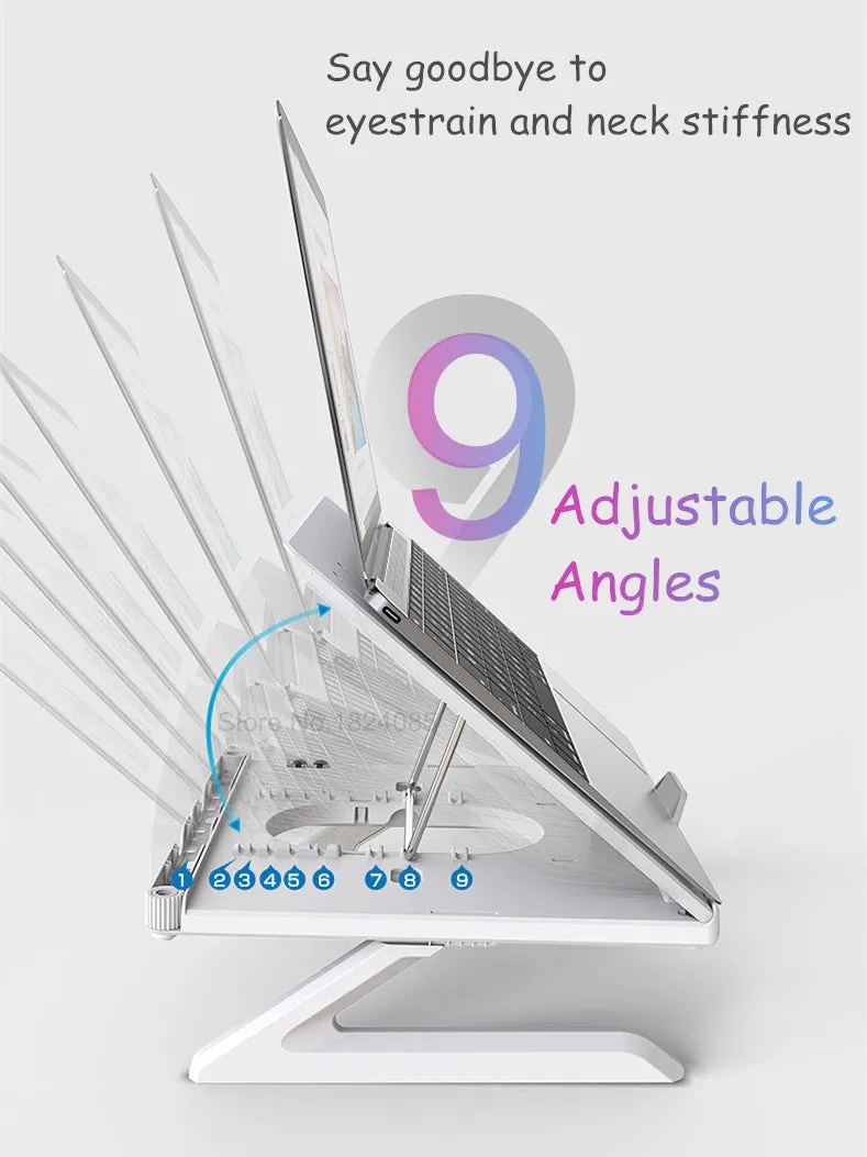 Folding laptop stand in black with 9 adjustable angles, hollow panel, and cooling knob