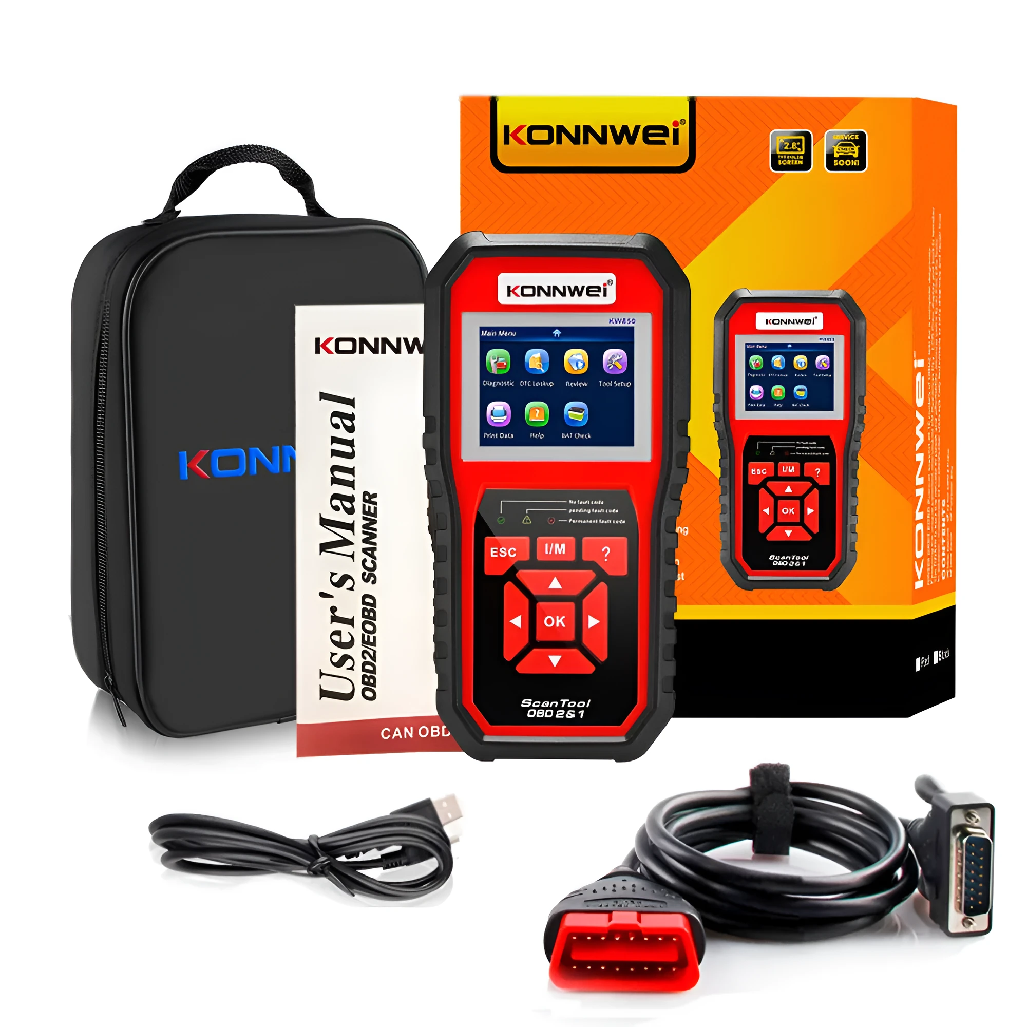 KONNWEI KW850 OBD2 code reader with TFT display and One-Click I/M button for car diagnostics