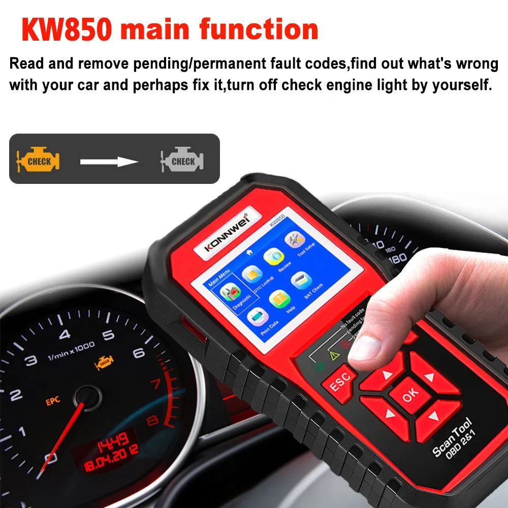 KONNWEI KW850 OBD2 code reader with TFT display and One-Click I/M button for car diagnostics
