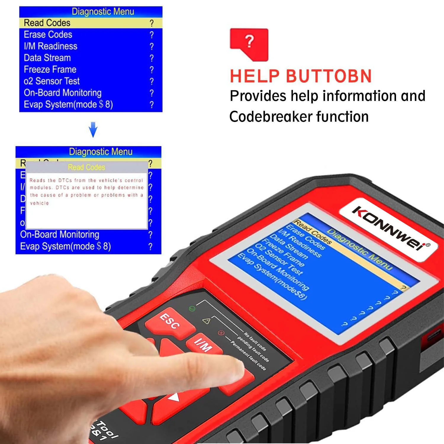 KONNWEI KW850 OBD2 code reader with TFT display and One-Click I/M button for car diagnostics