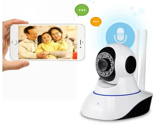 White plastic wireless indoor dome camera with 1080P HD lens on ceiling mount