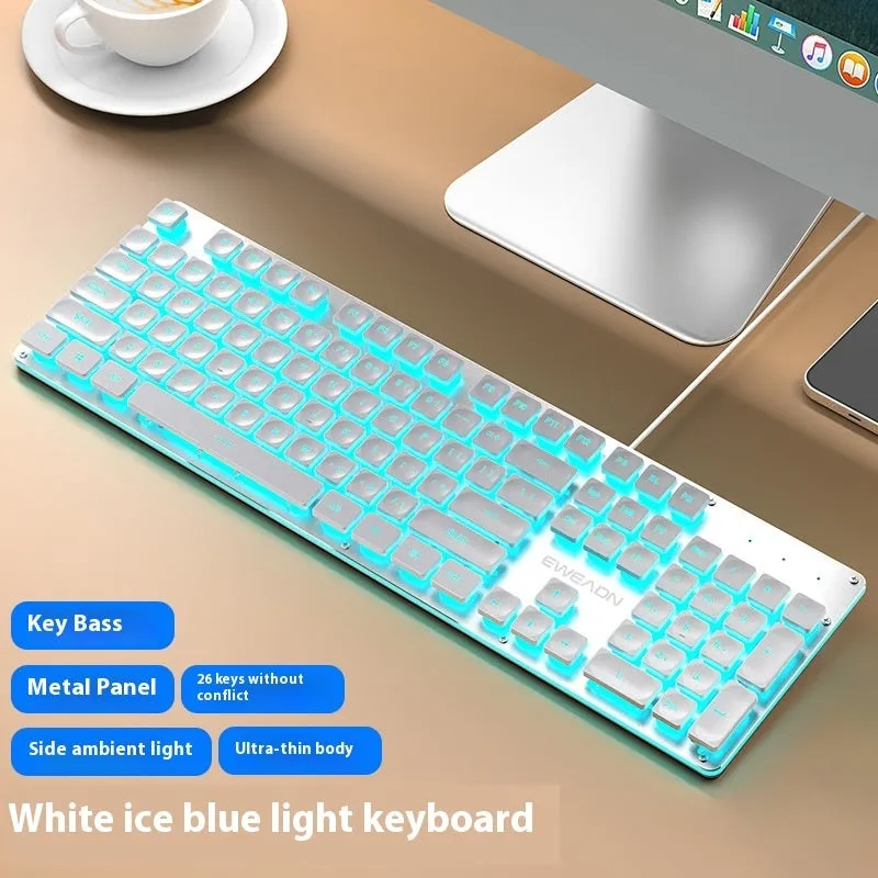 Button mute wired mechanical keyboard with USB cable in Metal Black blue backlight colour option.