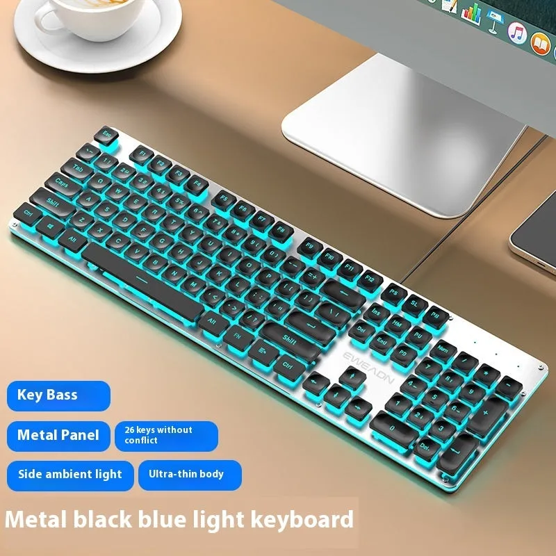 Button mute wired mechanical keyboard with USB cable in Metal Black blue backlight colour option.