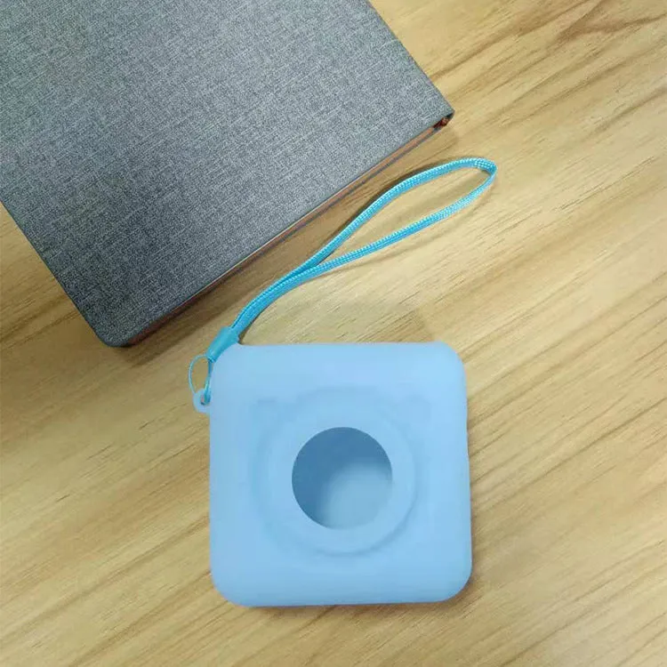 Portable mini thermal label printer in white, 7.9 x 7.9 x 4.2cm, with rechargeable battery and thermal paper roll