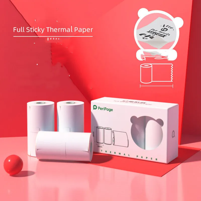 Portable mini thermal label printer in white, 7.9 x 7.9 x 4.2cm, with rechargeable battery and thermal paper roll