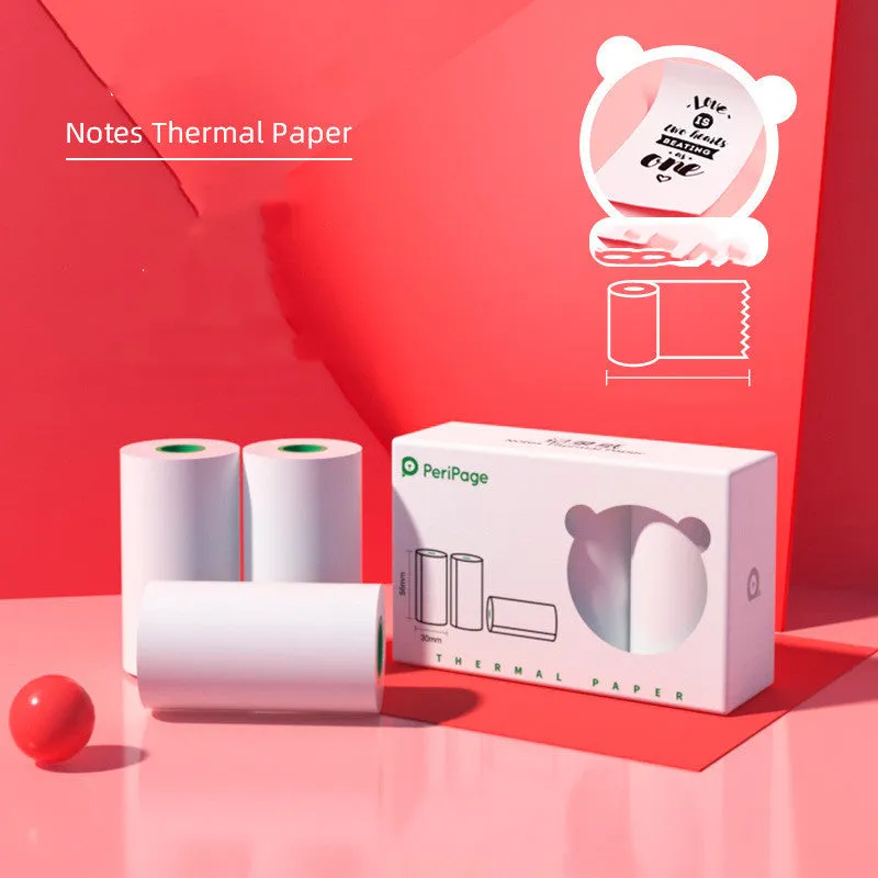 Portable mini thermal label printer in white, 7.9 x 7.9 x 4.2cm, with rechargeable battery and thermal paper roll