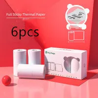 Portable mini thermal label printer in white, 7.9 x 7.9 x 4.2cm, with rechargeable battery and thermal paper roll