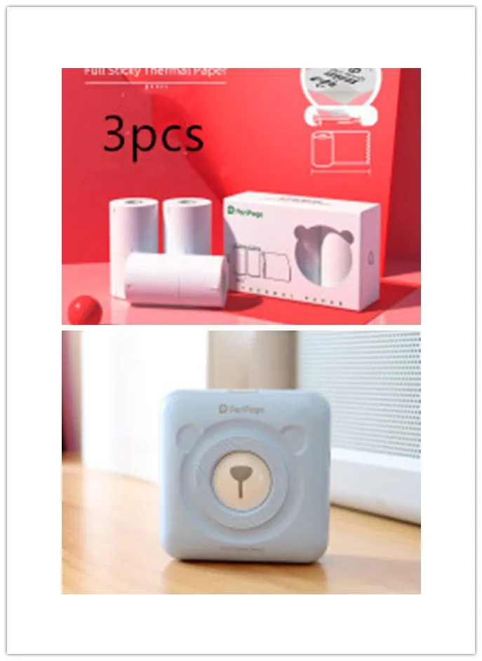 Portable mini thermal label printer in white, 7.9 x 7.9 x 4.2cm, with rechargeable battery and thermal paper roll