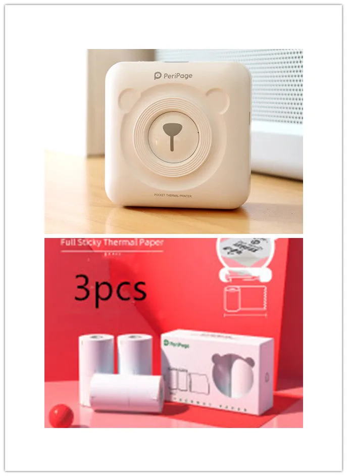 Portable mini thermal label printer in white, 7.9 x 7.9 x 4.2cm, with rechargeable battery and thermal paper roll