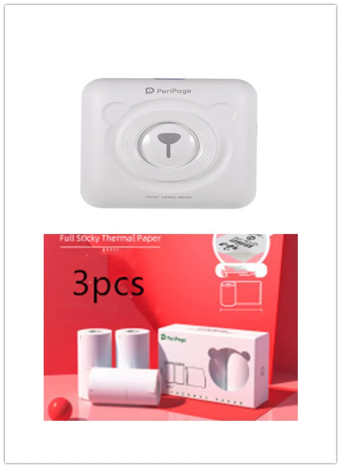 Portable mini thermal label printer in white, 7.9 x 7.9 x 4.2cm, with rechargeable battery and thermal paper roll
