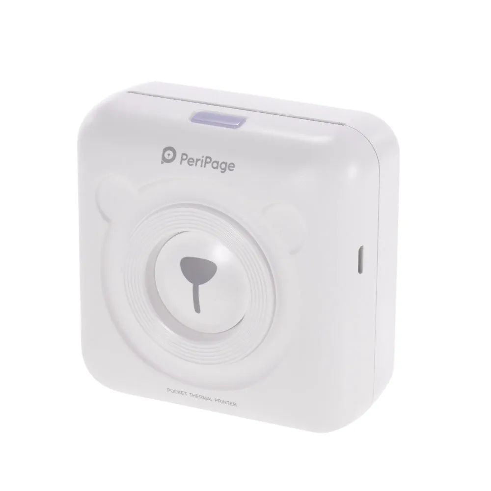 Portable mini thermal label printer in white, 7.9 x 7.9 x 4.2cm, with rechargeable battery and thermal paper roll