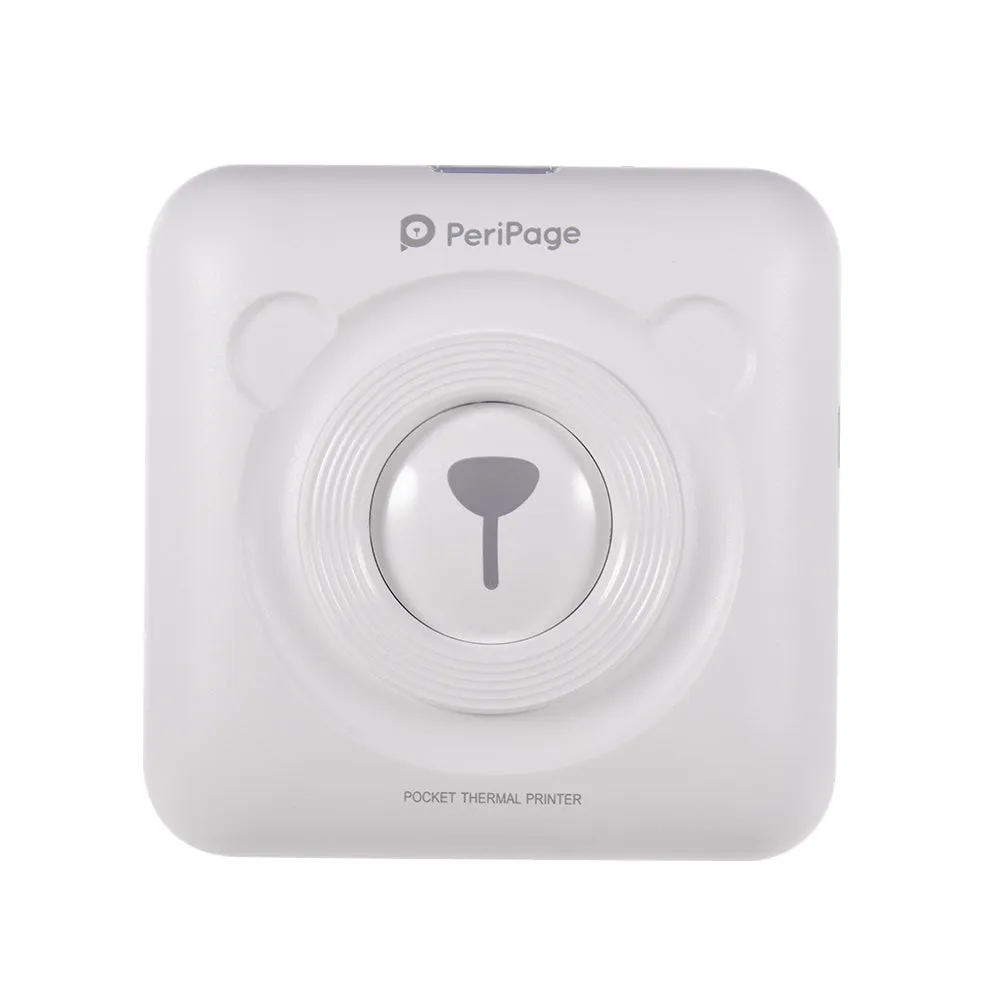 Portable mini thermal label printer in white, 7.9 x 7.9 x 4.2cm, with rechargeable battery and thermal paper roll
